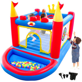 WELLFUNTIME inflatable bounce house front view with reinforced nets for safe play