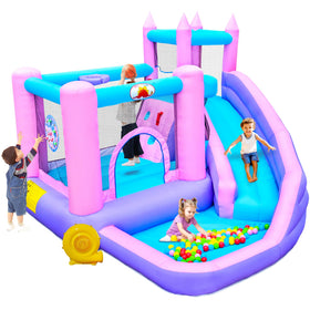 WELLFUNTIME inflatable bounce house front view in vibrant colors for backyard fun.