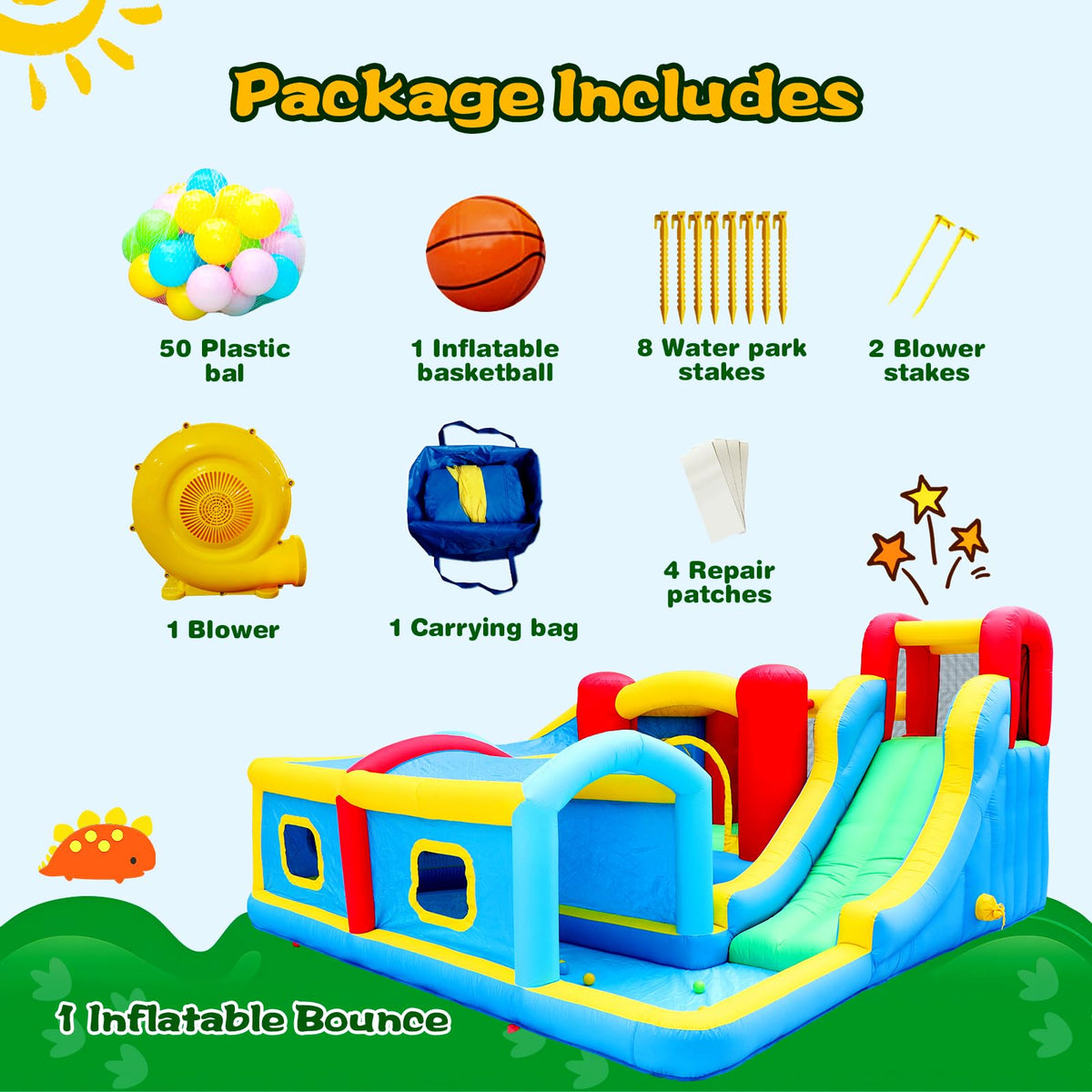 WELLFUNTIME blower inflates the castle in minutes for ready fun.