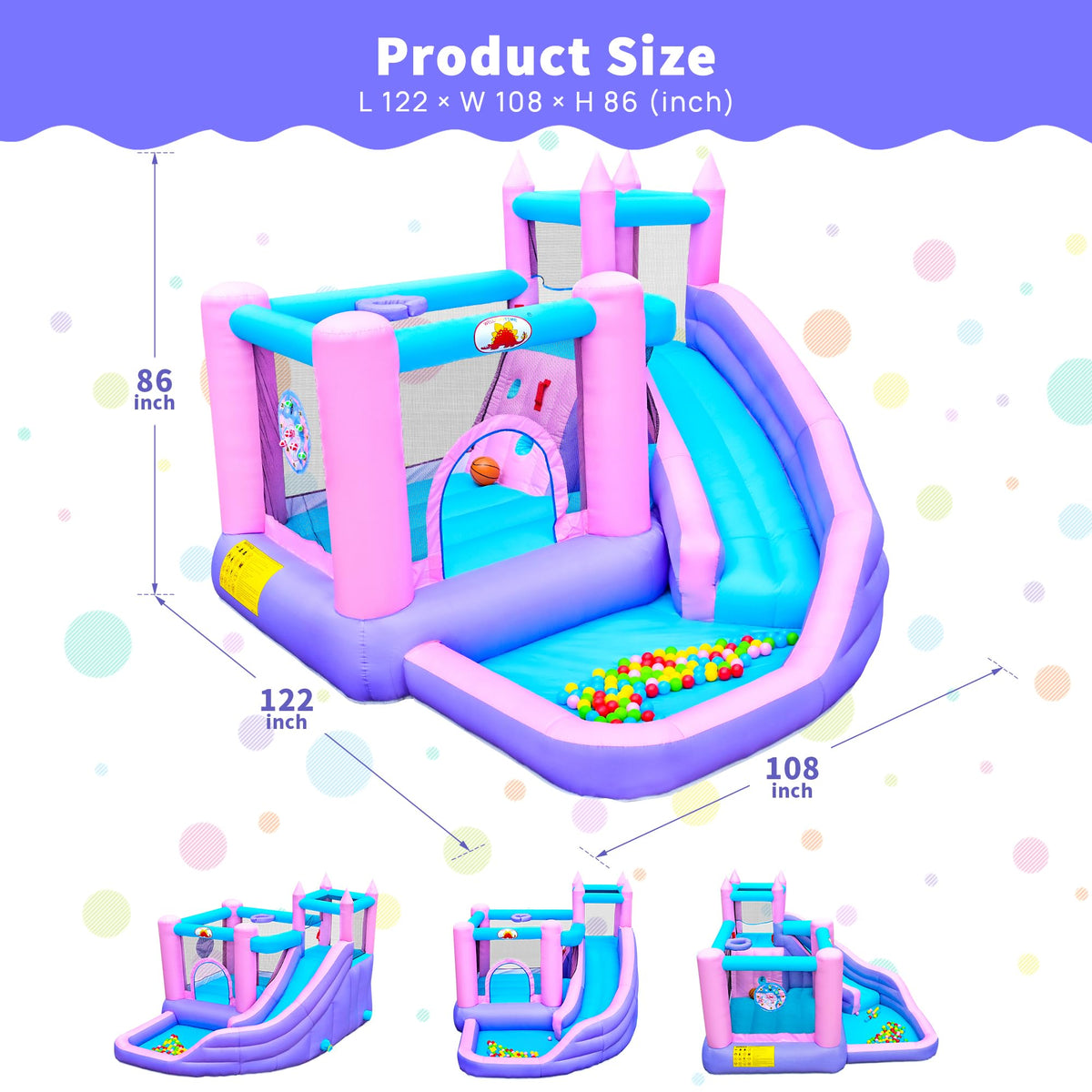 WELLFUNTIME inflatable bounce house side view shows large play area for kids.