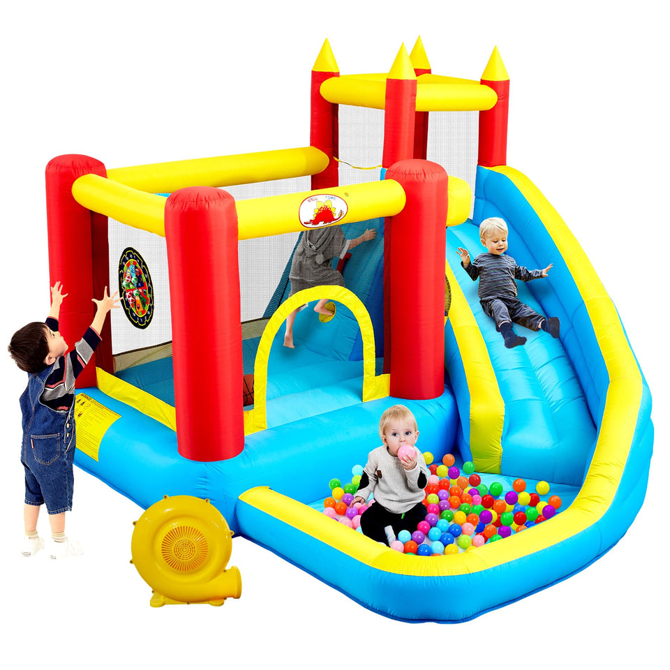 WELLFUNTIME inflatable bouncy castle slide for backyard fun and active play.