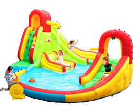 WellFUNTIME inflatable water park fully inflated in backyard for family fun