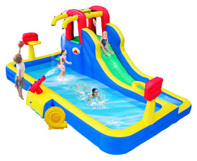 WellFUNTIME inflatable water park blower setup demonstrating quick inflation for ready-to-play fun