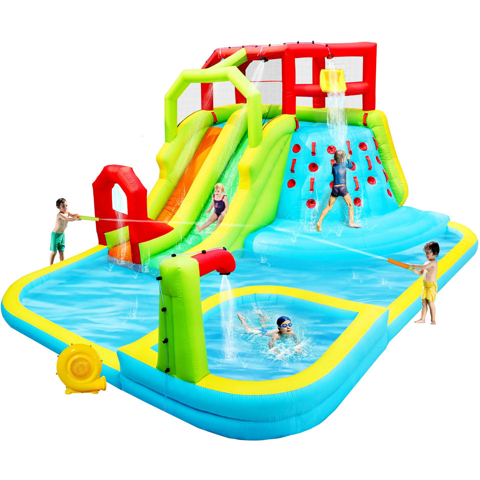 WellFUNTIME inflatable water slide park front view highlighting family-friendly safety and vibrant colors