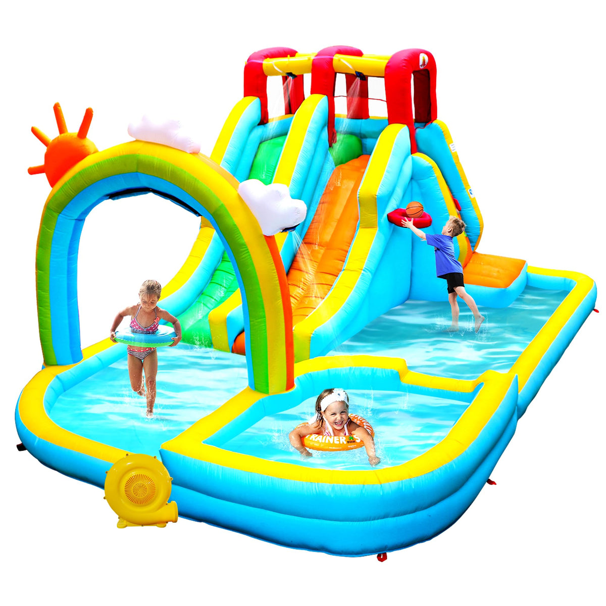 WELLFUNTIME inflatable water double-slides park with two lanes for family fun.