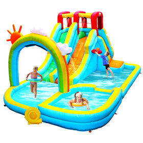 WELLFUNTIME inflatable water double-slides park with two lanes for family fun.