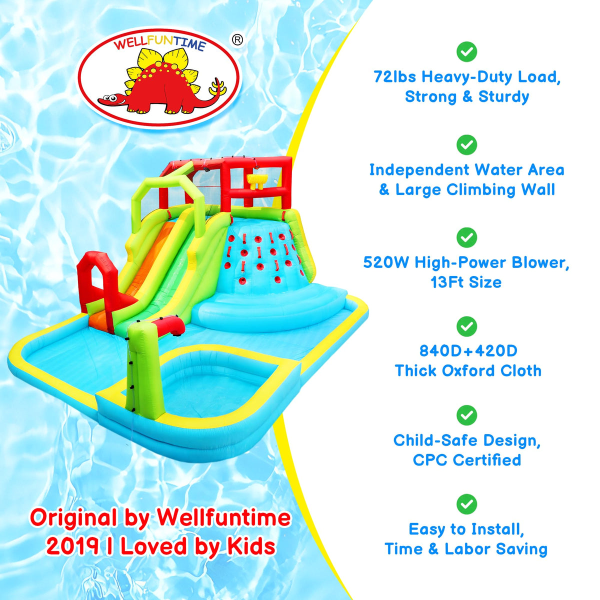 WellFUNTIME water slide park side angle shows quick setup and backyard-friendly dimensions