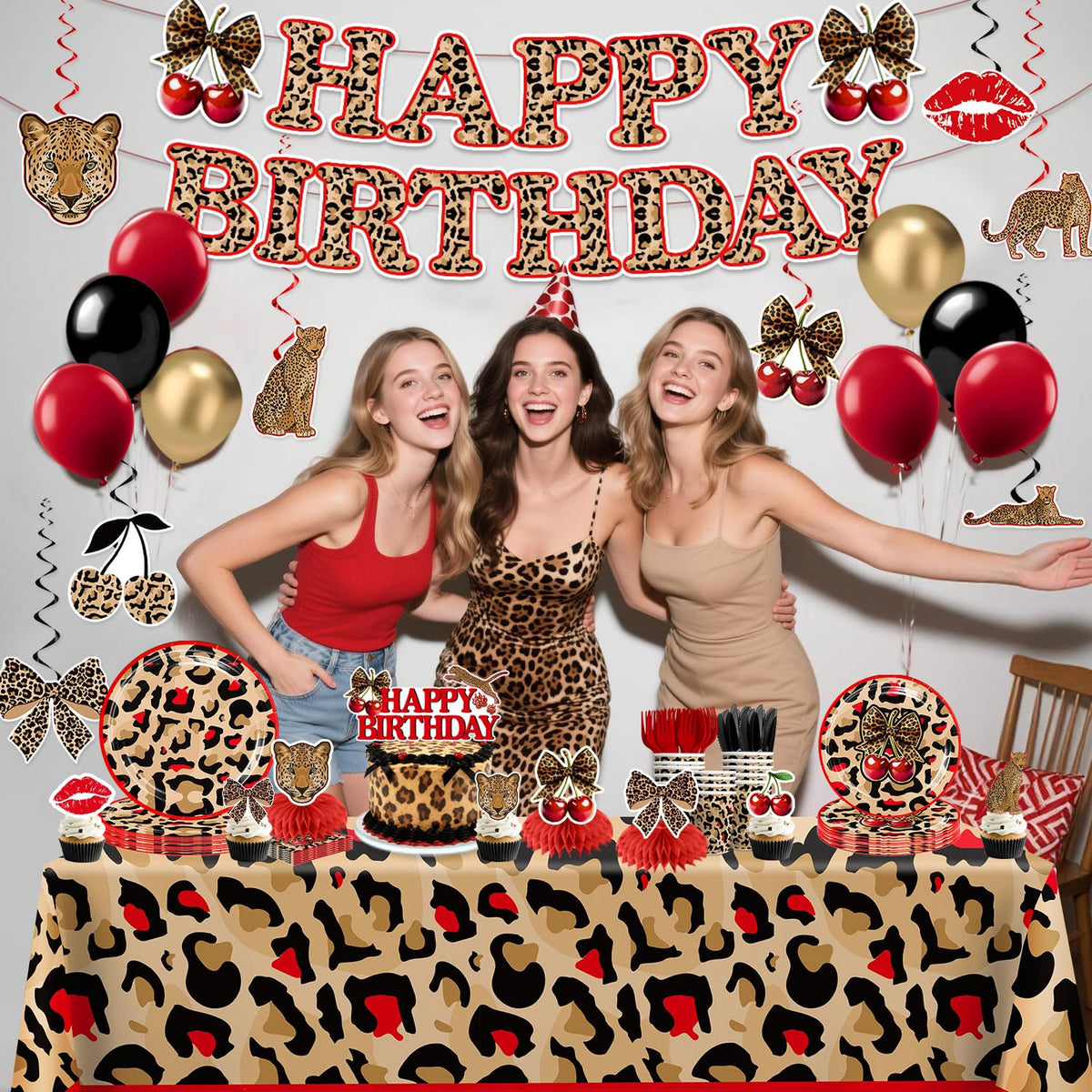 Wellspar cheetah plates, napkins, and cups create an all-in-one party spread.