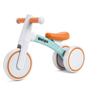 Welspo baby balance bike blue, front view, promotes early balance and confidence.