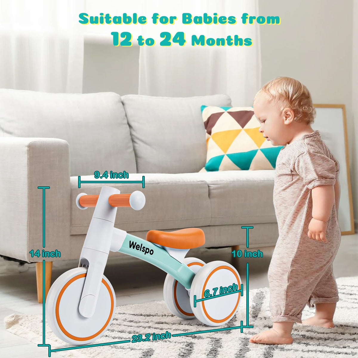 Welspo baby balance bike blue, side view, helps toddlers steer with controlled momentum.