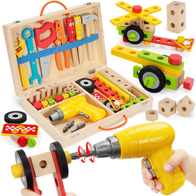 WEMEMORN kids tool set with electric drill in wooden box inspiring imaginative STEM play