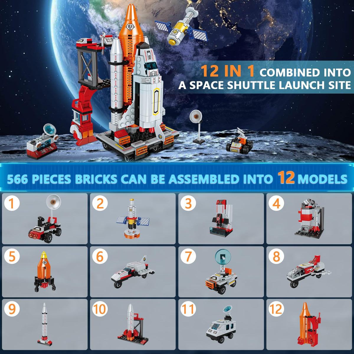 WEMEMORN Space Exploration Shuttle parts tower showing diverse pieces.