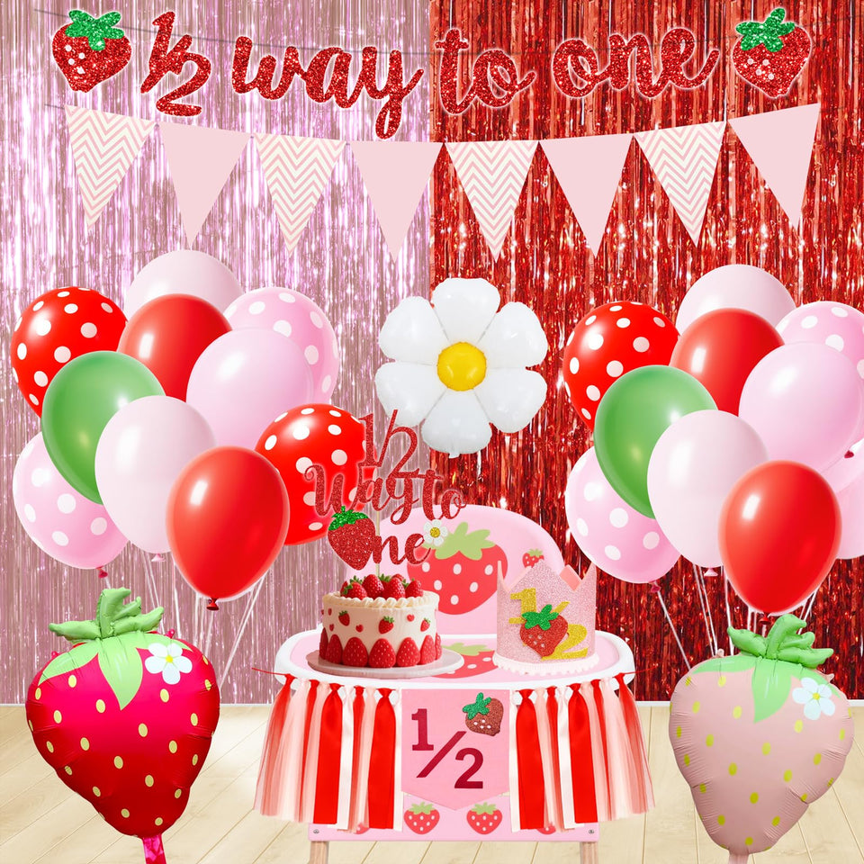 Wenioerz strawberry half birthday banner enhances milestone photos with a bright, cohesive theme.