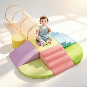 WENKIP foam climbing blocks with crawl-through tunnel offering safe indoor play and motor skill growth.