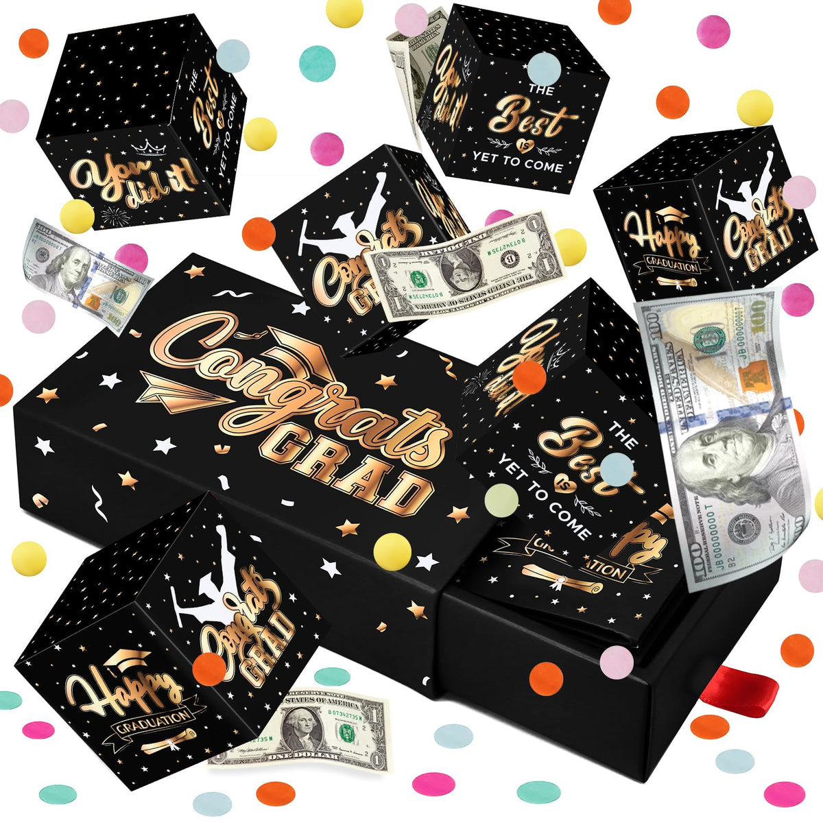 WenmthG graduation surprise box in black and gold showcases dramatic money gift reveal.