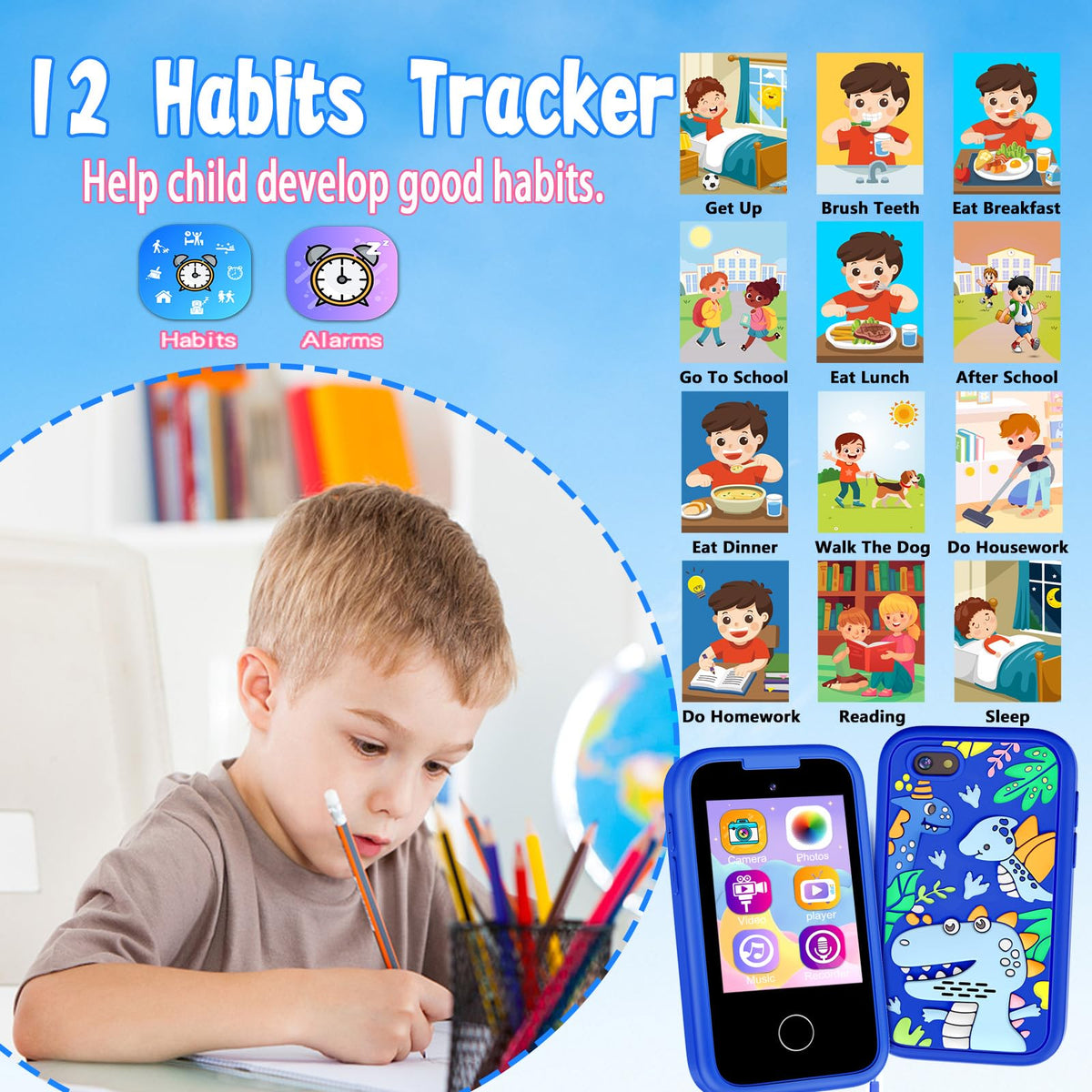 WEOLULI Kids Phone blue screen displays education apps for playful learning