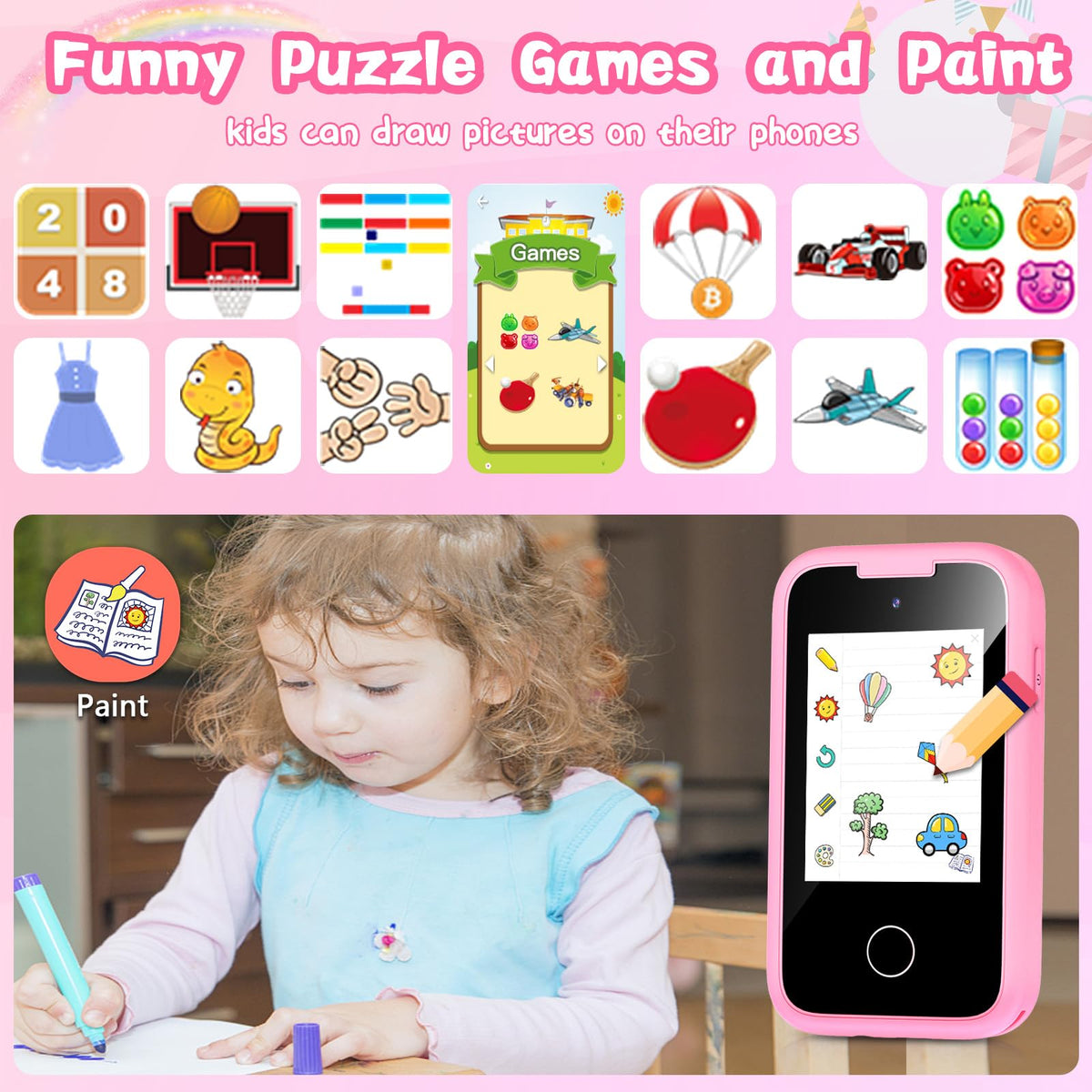 WEOLULI pink kids phone drawing feature encourages creativity.