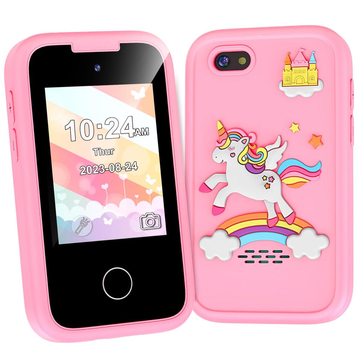 WEOLULI pink kids phone front view, safe for ages 3-9.