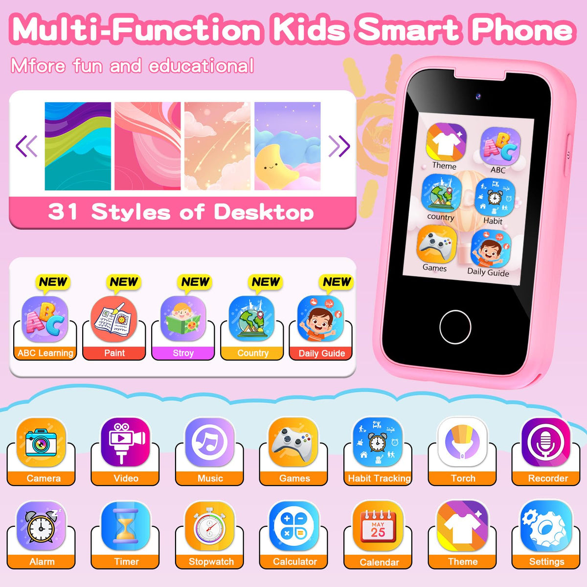 WEOLULI pink kids phone selfie camera for fun photos.