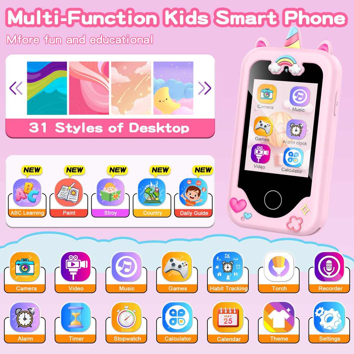 WEOLULI kids smart phone screen with activities supporting early learning.