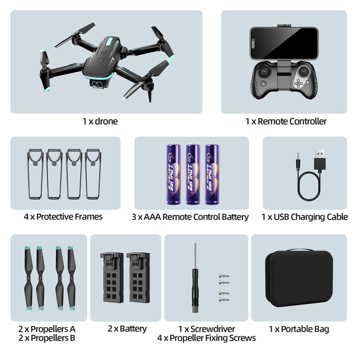 WEPETCO drone accessories including guards and spare blades for ready-to-fly setup