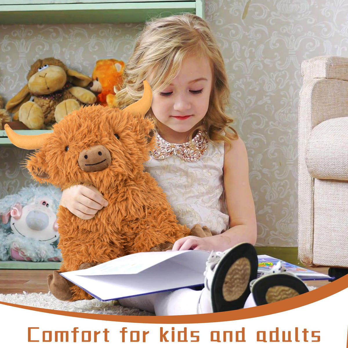 Wepop Highland Cow weighted plush, beads interior, steady weight for calming companionship.