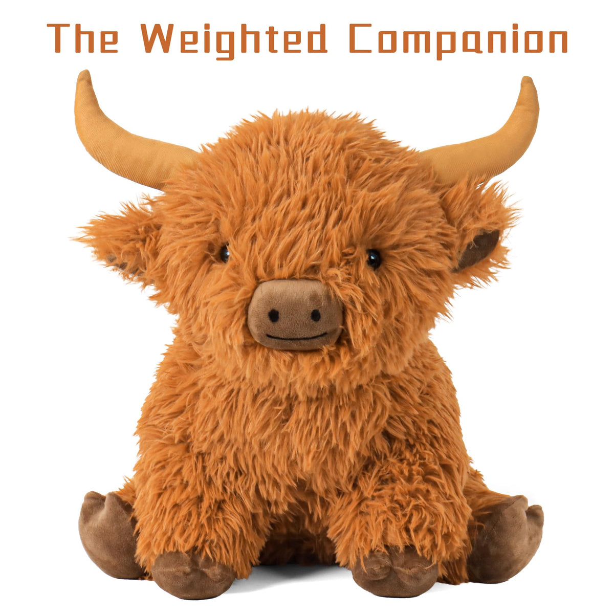 Wepop Highland Cow weighted plush, closeup fur detail, fluffy texture that invites touch.