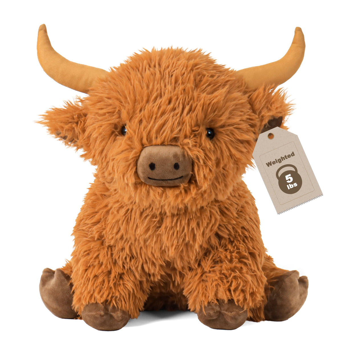 Wepop Highland Cow weighted plush, front view, ideal for cozy snuggles and comforting presence.