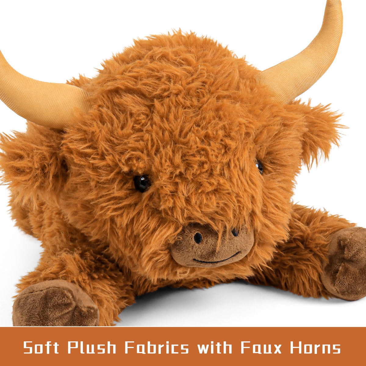 Wepop Highland Cow weighted plush, horns detail, friendly expression.