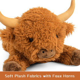 Wepop Highland Cow weighted plush, horns detail, friendly expression.