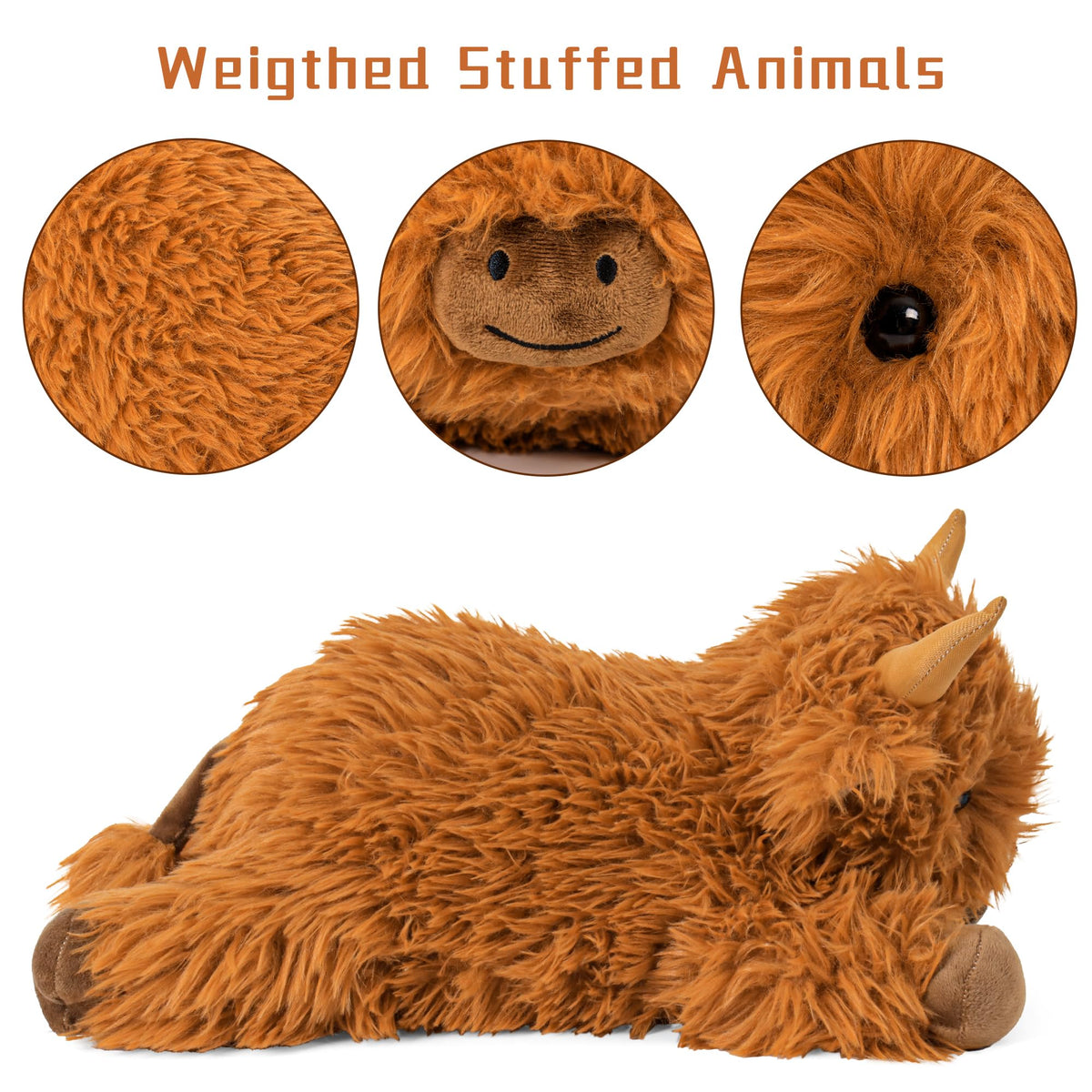 Wepop Highland Cow weighted plush, side view, warm decor and comfort.