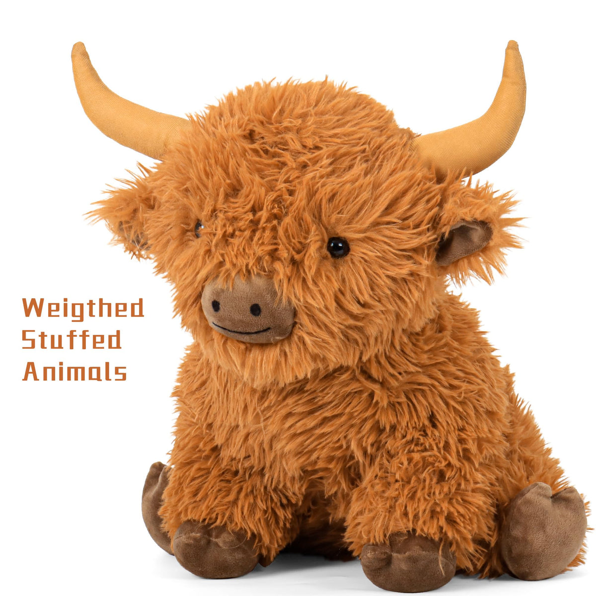 Wepop Highland Cow weighted plush, side view, soft fur for tactile delight.