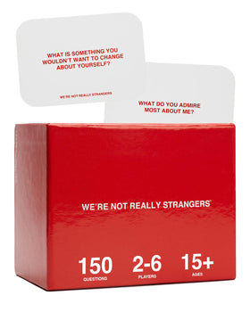WE'RE NOT REALLY STRANGERS card game spread showing 150 conversation cards for meaningful talks