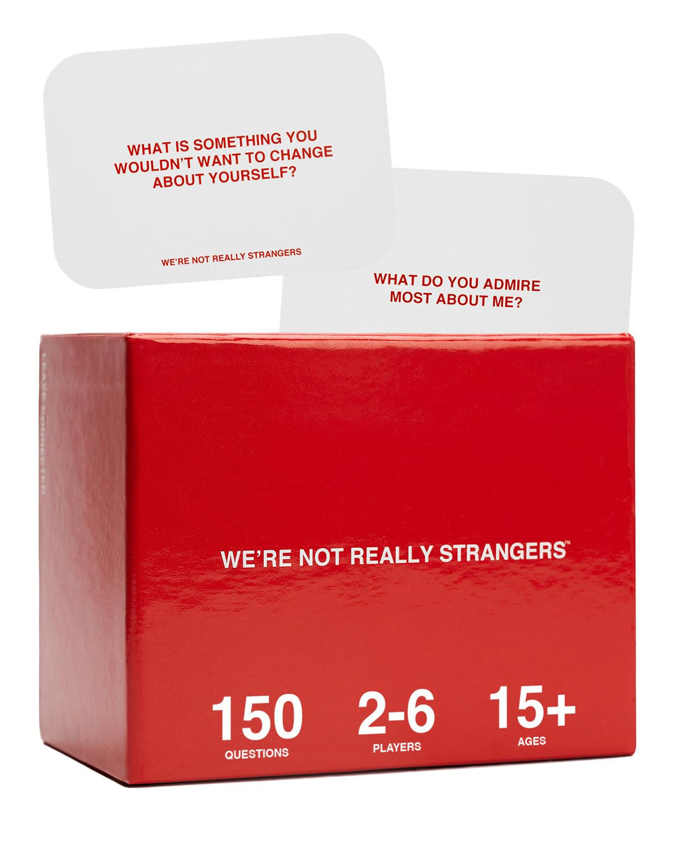 WE'RE NOT REALLY STRANGERS card game spread showing 150 conversation cards for meaningful talks