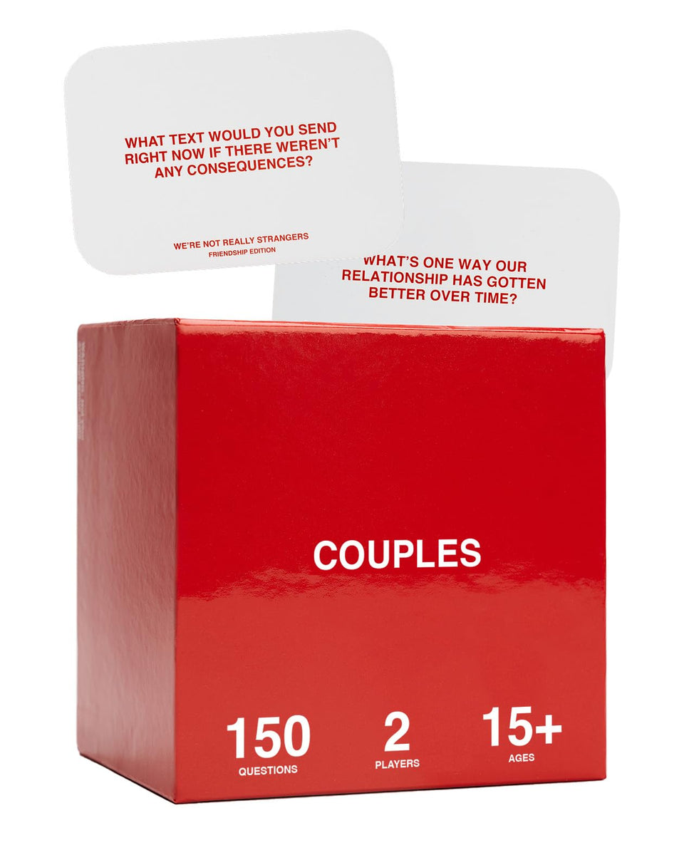 WE'RE NOT REALLY STRANGERS Couples Edition cards on cover for engaging date night prompts.