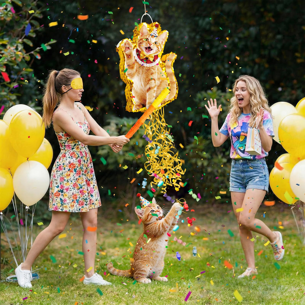 Cat piñata used as a decorative centerpiece at a party