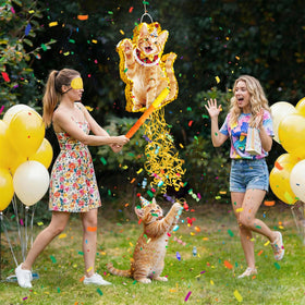 Cat piñata used as a decorative centerpiece at a party