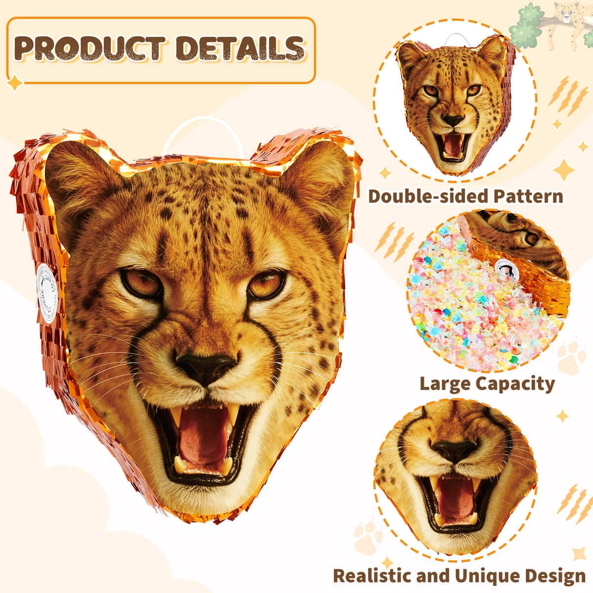 WERNNSAI Cheetah Piñata with hole and hanging loop.