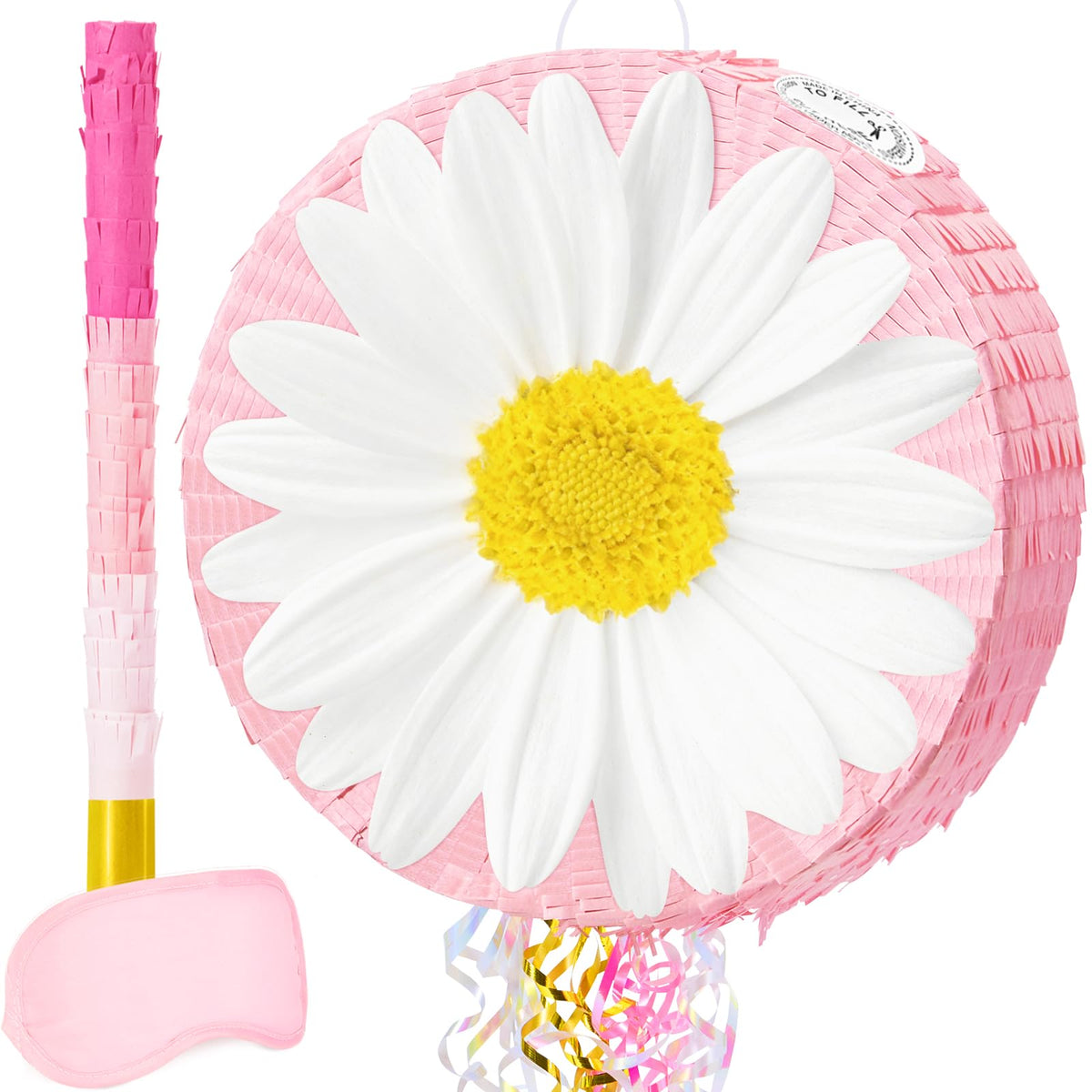 WERNNSAI Daisy Flower Pinata pink base with white petals and yellow center for celebrations.