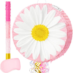 WERNNSAI Daisy Flower Pinata pink base with white petals and yellow center for celebrations.