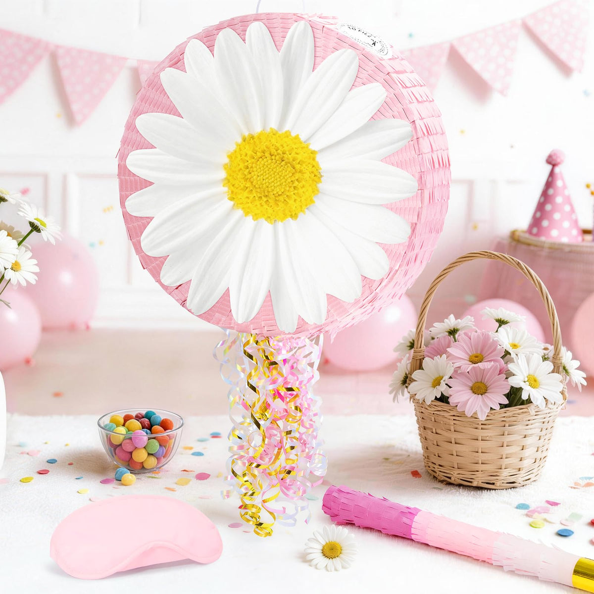WERNNSAI Daisy Flower Pinata close up of white petals and yellow center for spring birthdays.