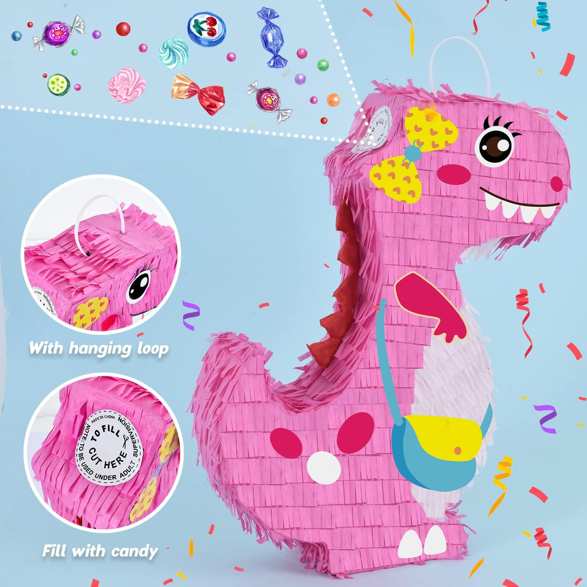 Pinata measures 16 by 12 by 3 inches for candy and toy rewards