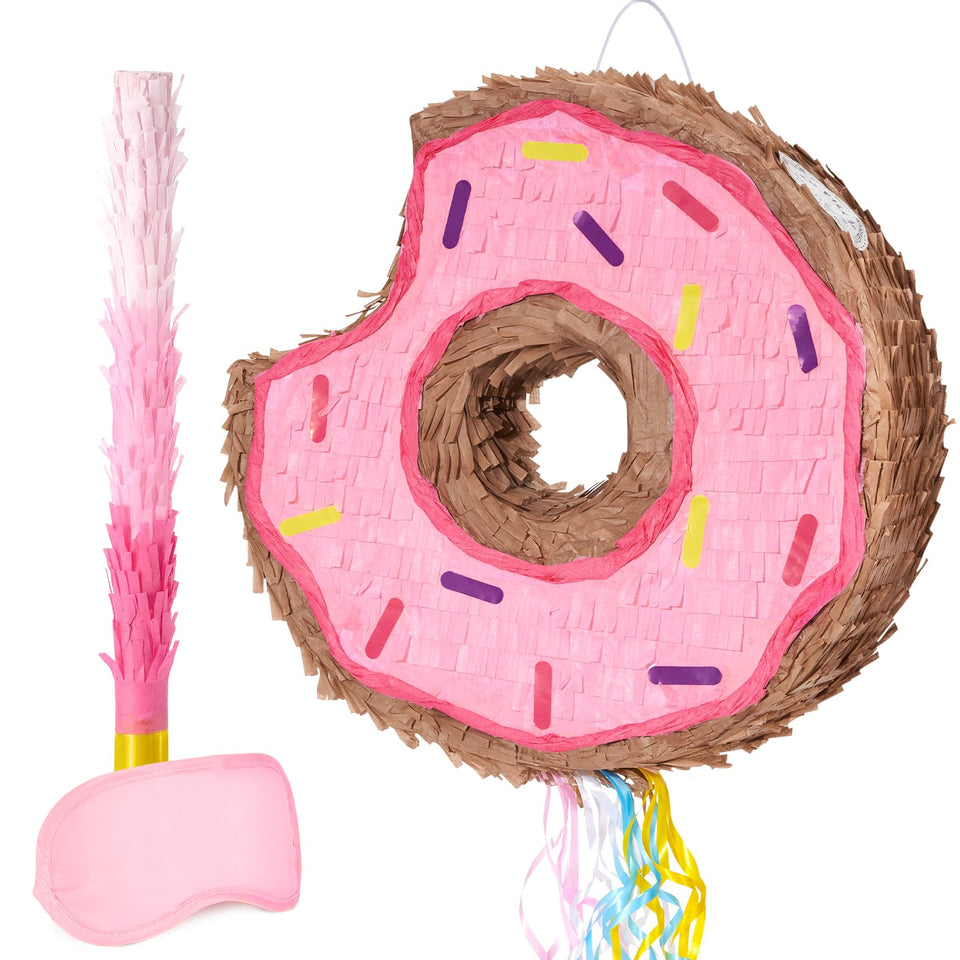 WERNNSAI Pink Donut Pinata with frosting and sprinkles, ideal for kid party decor.