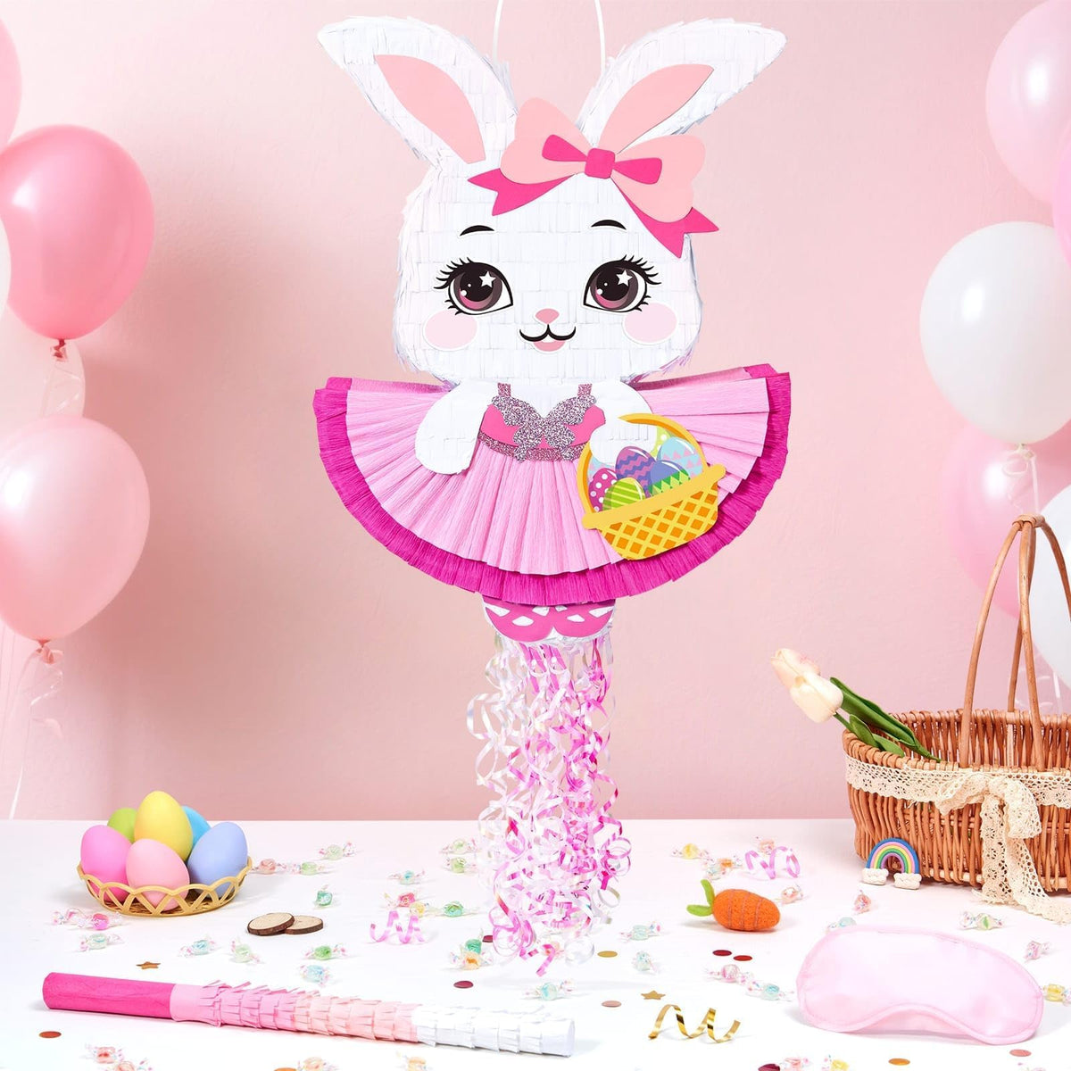 WERNNSAI pink bunny piñata with blindfold and stick for interactive games.