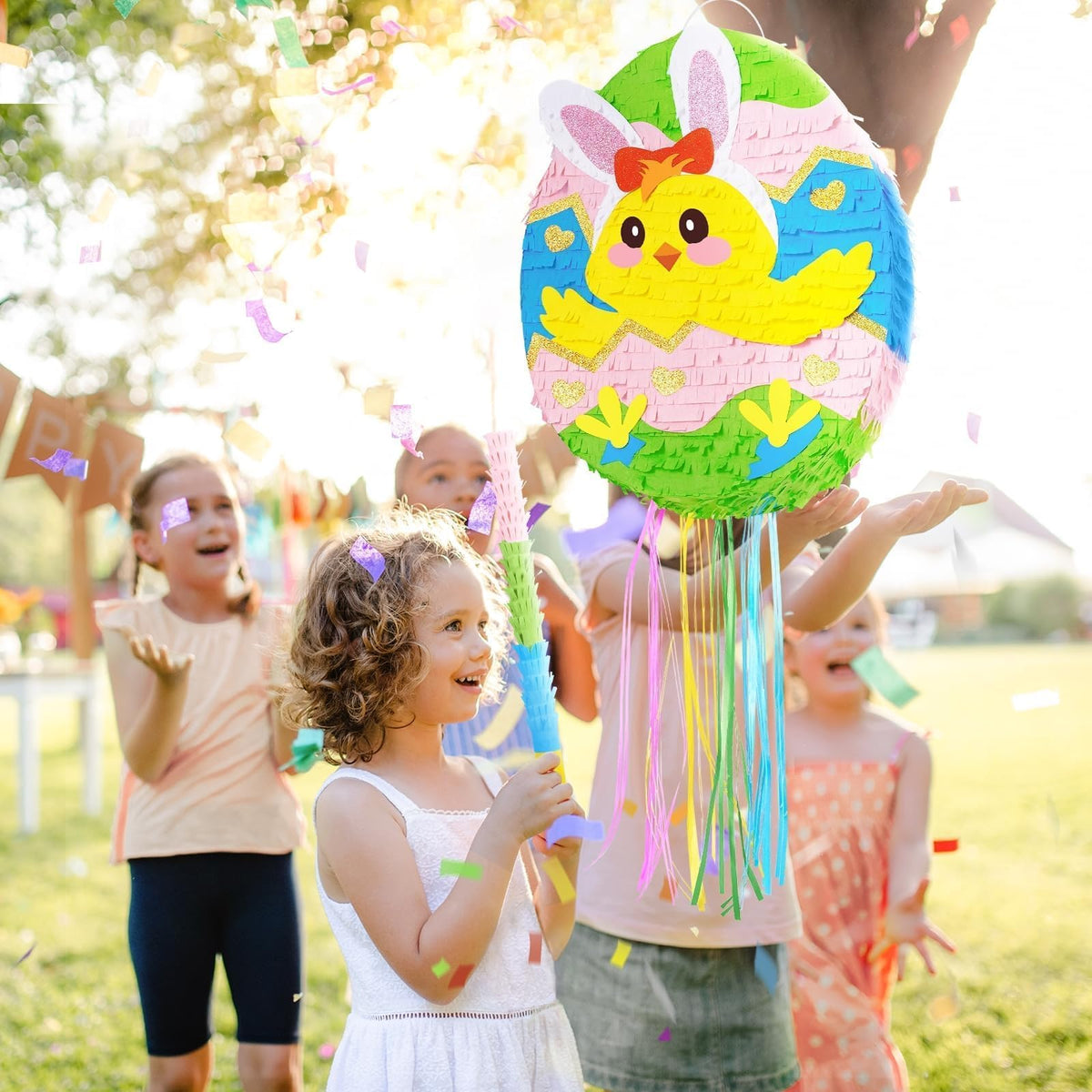 WERNNSAI Easter pinata party scene in a backyard celebration