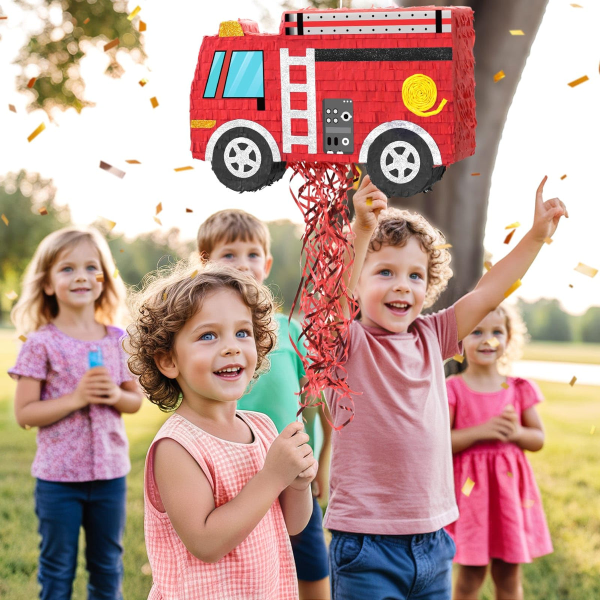 WERNNSAI Fire Truck Piñata includes bat and blindfold for easy setup