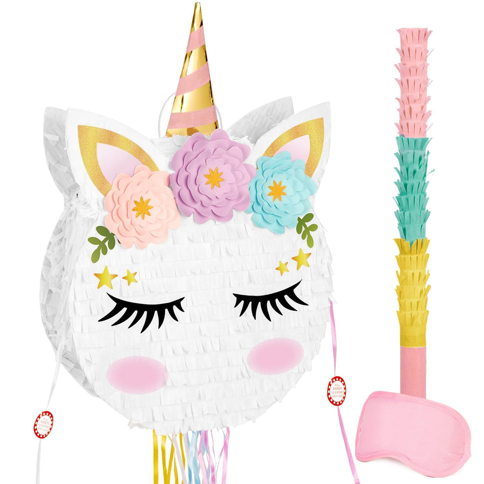 WERNNSAI foldable unicorn pinata during a bright unicorn birthday decoration setup