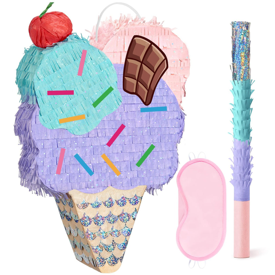 WERNNSAI Ice Cream Piñata opened to reveal candy snow in a festive party setup