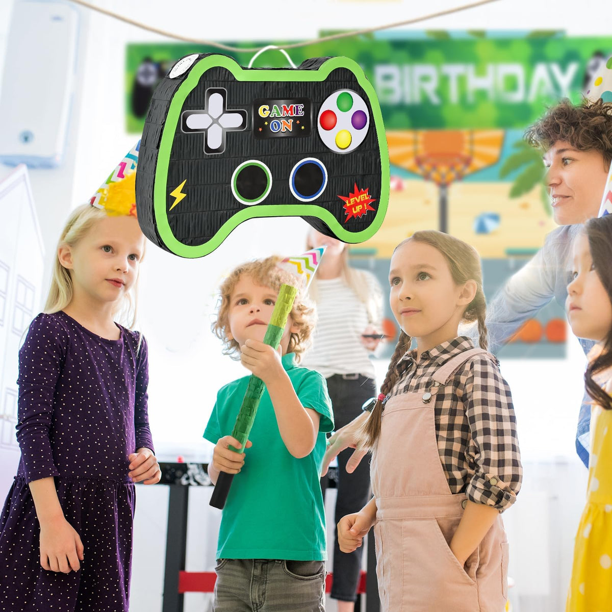 WERNNSAI piñata as gaming-themed party decoration for kids.