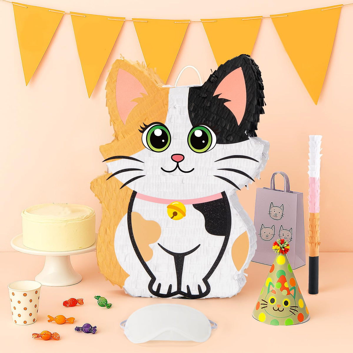 Wernnsai Kitten Piñata face closeup highlights cute eyes for themed celebrations.